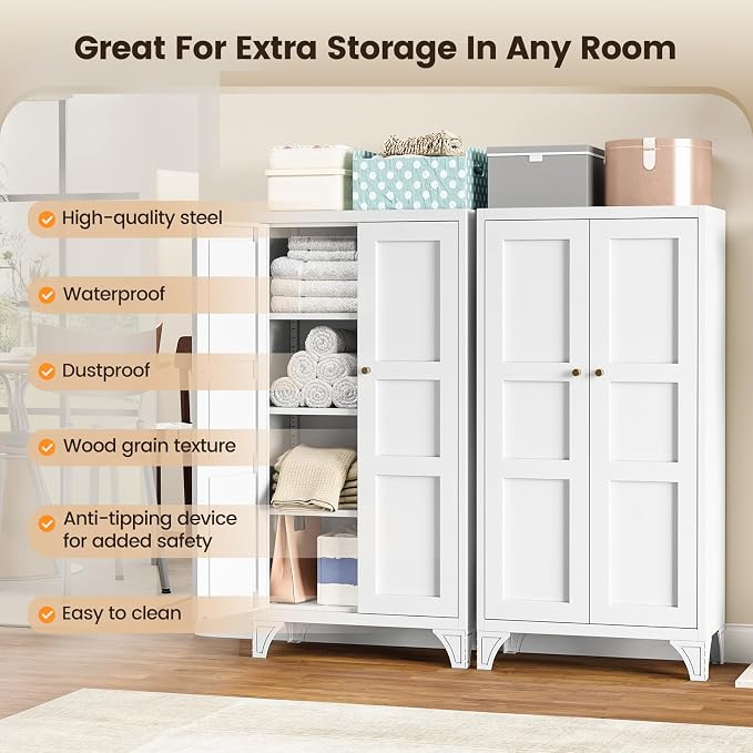 Yizosh Metal Storage Cabinet with 2 Doors and 3 Adjustable Shelves - 47" White Kitchen Pantry Storage Cabinet Locker for Kitchen,Living Room,Dining Room