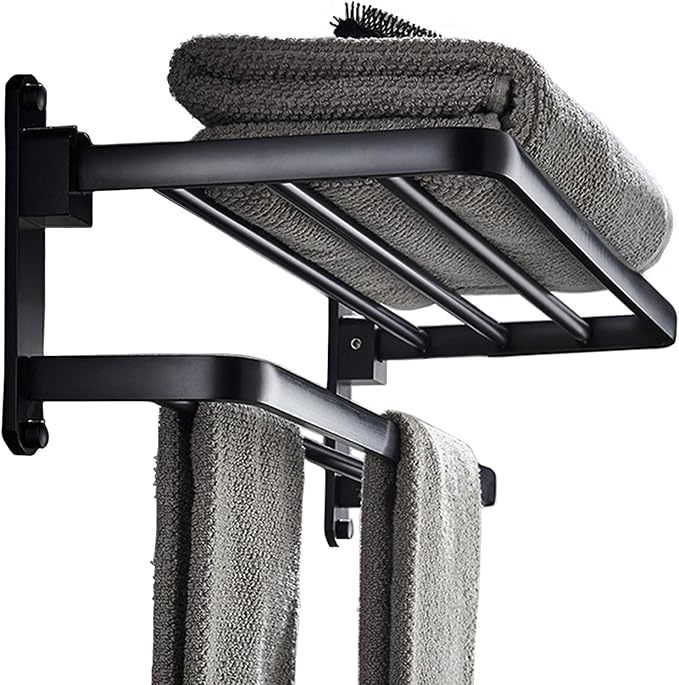 BOZWELL Bathroom Lavatory Towel Rack with Two Towel Bars,16-Inch（40cm） Towel Holder with Shelf BZ305-A (Matte Black)