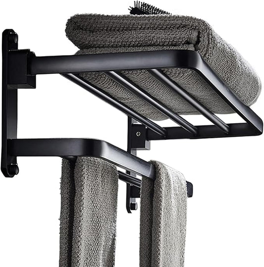 BOZWELL Bathroom Lavatory Towel Rack with Two Towel Bars,16-Inch（40cm） Towel Holder with Shelf BZ305-A (Matte Black)