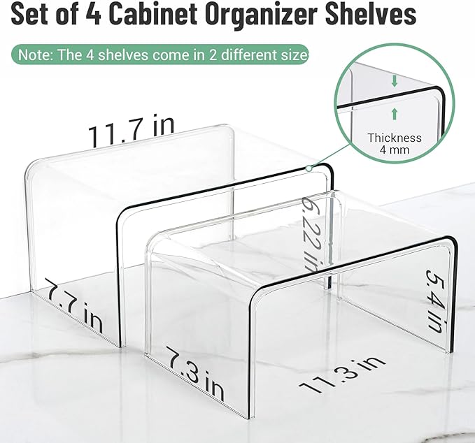 Bobomoment Clear Cabinet Organizer, Stackable Shelf Organizer Set of 4 | Kitchen Pantry Organizers and Storage, Display Cabinet Shelf Countertop Desk Shelves, Patented Spice Organization