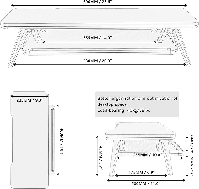 Fenge Monitor Stand Riser, Wooden Desk Shelf with 2-Tier Storage | 23.6-Inch Wide, Sturdy Aluminum Legs, Built-In Phone & Tablet Slot, Desktop Organizer for Office Accessories