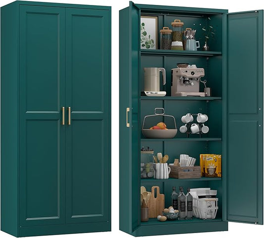 71" Tall Green Metal Storage Cabinet with Doors, Heavy Duty | Freestanding Steel Kitchen Pantry Cabinet, 4 Adjustable Shelves (180 Lbs Load), Tall Cabinets for Home, Laundry and Bathroom