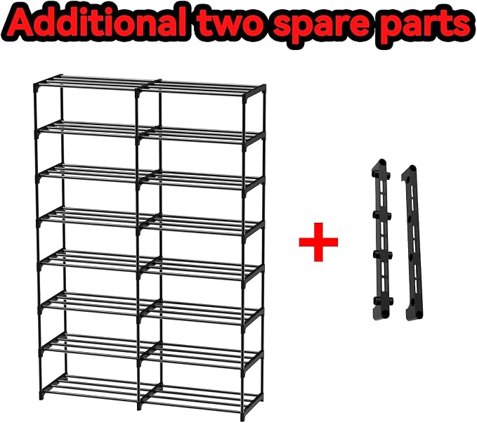 Large Shoe Rack Organizer, 2-Row 8-Tier Tall Shoe Storage Shelf for Closet, Entryway, Garage, Metal Free Standing Shoe Holder for 28-32 Pairs Shoes, Sturdy Stackable Shoe Stand for Bedroom