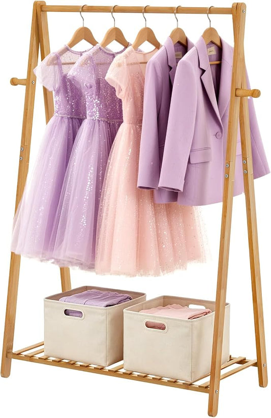 Kids Clothing Rack Small Baby Clothes Racks Bamboo Garment Rack 42"H | Wooden Short Mini Dress Up Costume Rack with Shelves for Hanging Clothes, Nursey Toddler Shower Children Clothes Hanger Rack