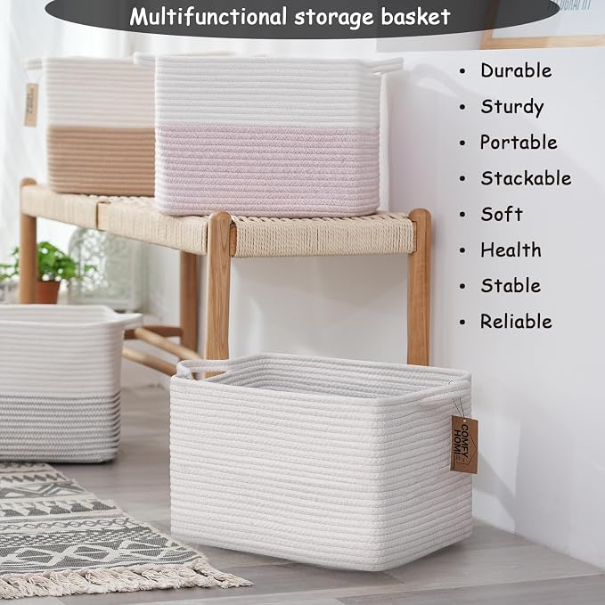 COMFY-HOMI Cotton Rope Woven Basket with Handles for Shelves,Toys,Book, Cloth Storage Baskets Bin for Organizing- 1 PCSToy Decorative Organizer for Living Room, Bathroom