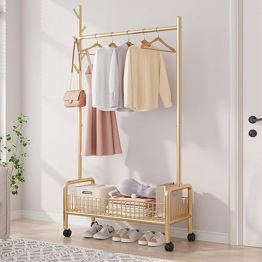 MYUPDALIN Clothes Rack with Shelves, Clothing Rack with Wheels, Multifunctional Hangers with Storage Baskets and Shoe Racks, Ideal for Bedrooms and Living Rooms (Gold, 60cm/23in)