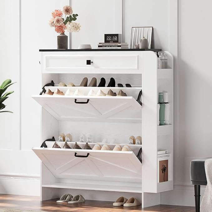 IRONCK Shoe Storage Cabinet with 2 Flip Drawers & Barn Door, White/Black | Freestanding Shoe Cabinet Organizer with Drawer and Shelves for Entryway, Farmhouse Shoe Rack Cabinet