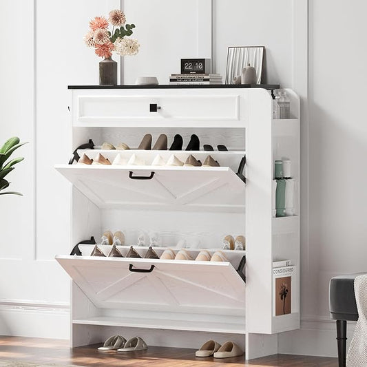 IRONCK Shoe Storage Cabinet with 2 Flip Drawers & Barn Door, White/Black | Freestanding Shoe Cabinet Organizer with Drawer and Shelves for Entryway, Farmhouse Shoe Rack Cabinet