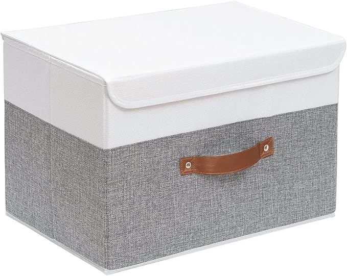 Yawinhe Collapsible Storage Bins,White/Grey,13.0x9.0x7.9in,1-Pack | Fabric Storage Box with Lids, Washable Cube Organizer Basket; Fabric Container with Leather Handle,Closet Organizer for Home
