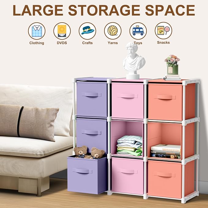 Briwooody 9 Cube Storage Organizer Storage Bins Shelf,Pink,Purple,Orange