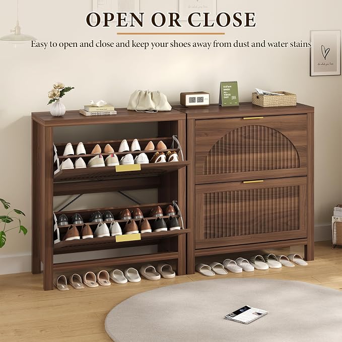 Fluted Shoe Cabinet Storage with 2 Flip Drawers for Entryway, Hallway | Hidden Shoe Rack Slim Freestanding Hidden Shoe Organizer for Foyer, Hallway, Living Room, Walnut