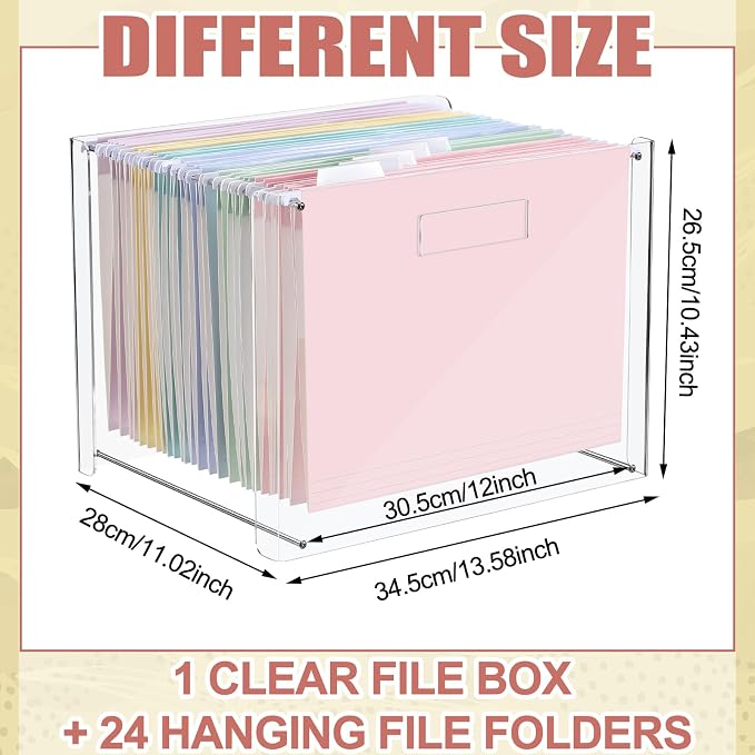 Dispowreath 24 Hanging File Folder with Acrylic Organizer for Letter/a4 Size Desktop Clear File Storage Box with Handles for Home Work Office Use (Pastel)