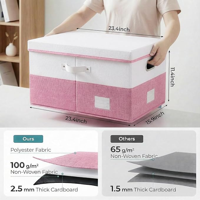 PRANDOM Storage Bins with Lids [3-Pack] Linen Fabric Foldable Storage Boxes Organizer Containers Baskets Cube with Cover for Bedroom Closet Office White&Pink (23.4X15.9X11.4)