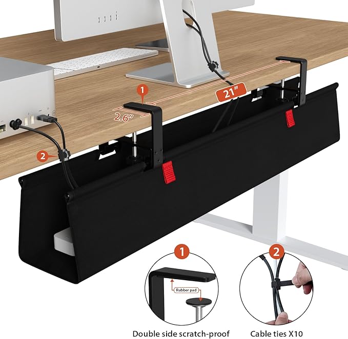 Univivi No Drill Under Desk Cable Management Tray, 36 inch Cable Management | Clamp/Screw Mount Desk Cable Management, Premium Fabric Cable Management Tray, Large Capacity Cord Organizer for Office, Home