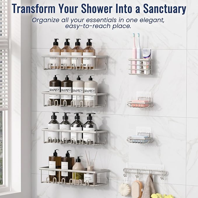 8 Pack Adhesive Rustproof Shower Caddy with Soap Dishes, Toothbrush Holder & Hooks, Large Capacity No-Drilling Shower Shelves Rack for Bathroom Organizers and Storage Accessories, Light Gray