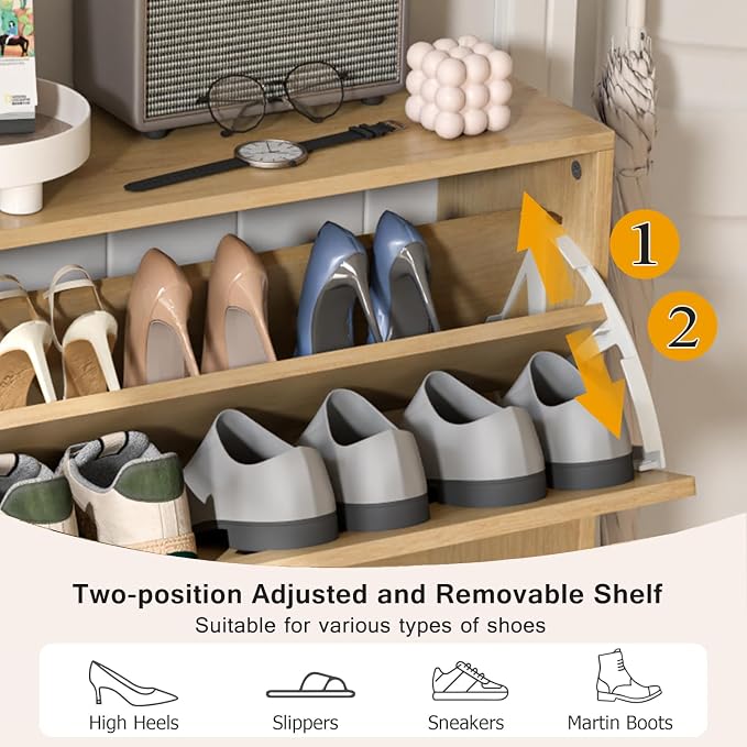 Fsbecl Shoe Storage Cabinet for Entryway with 2 Flip Drawers, Narrow Wood Shoe Cabinet with Fluted Panel, Freestanding Hidden Shoe Organizer for Hallway