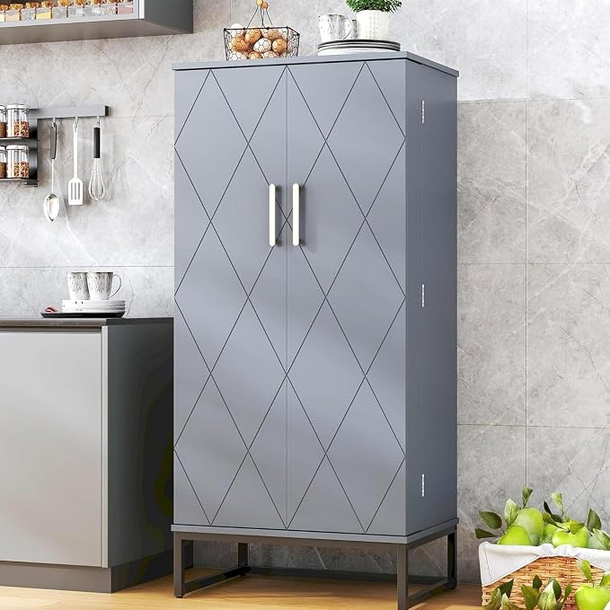 kepptory 51" Pantry Cabinet with Diamond-Patterned Doors and Golden Handles, Freestanding Kitchen Storage Cabinet with 17 Shelves, Tall Metal Base, Adjustable Feet, Grey
