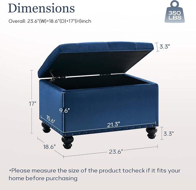 Zihanhome Velvet Storage Ottoman Bench, Button Tufted Ottoman with Hidden Storage, Upholstered Foot Rest Stool with Solid Wood Legs for Living Room, Bedroom, Entryway & Small Spaces (Sapphire Blue)