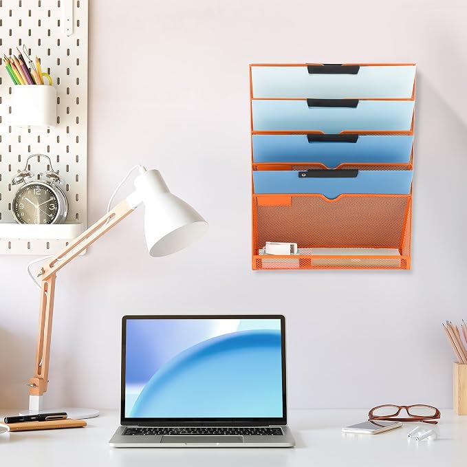 EASEPRES 6 Tier Mesh Hanging Wall File Organizer, Desk Vertical Mail Paper Document Folder Holder Rack with Bottom Tray and Nametag Label for Office Home School, Orange