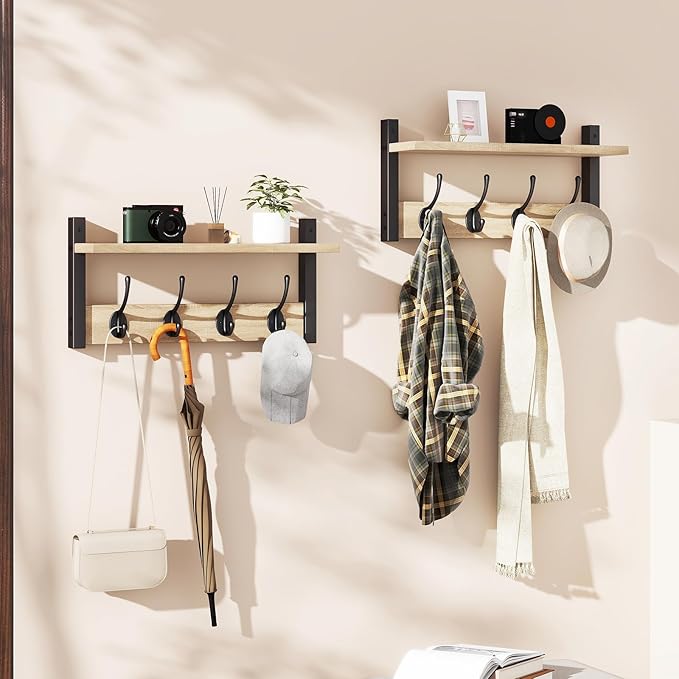 YMYNY Coat Rack Wall Mount with Shelf and Hooks, Light Natural HWS001R-2 | 2 Pack Wooden Wall Mounted Coat Hanger with Shelf and 8 Double Hooks, Wall Coat Rack for Entryway Hallway Bedroom Bathroom