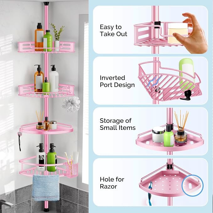HAMITOR Corner Shower Caddy, 4 Tier Adjustable Bathroom Organizer - Pink | Corner Shower Caddy Tension Pole, No-Drill Setup, Rustproof Shelves Perfect for Bathrooms, Dorms & Apartments - 47-121in