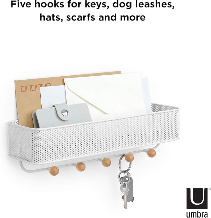 Umbra Estique Entryway Organizer, Wall Mount Key Holder, White/Natural | Steel construction, perforated mail bin, five wooden knob hooks, hidden mounting hardware, holds up to 5 lbs