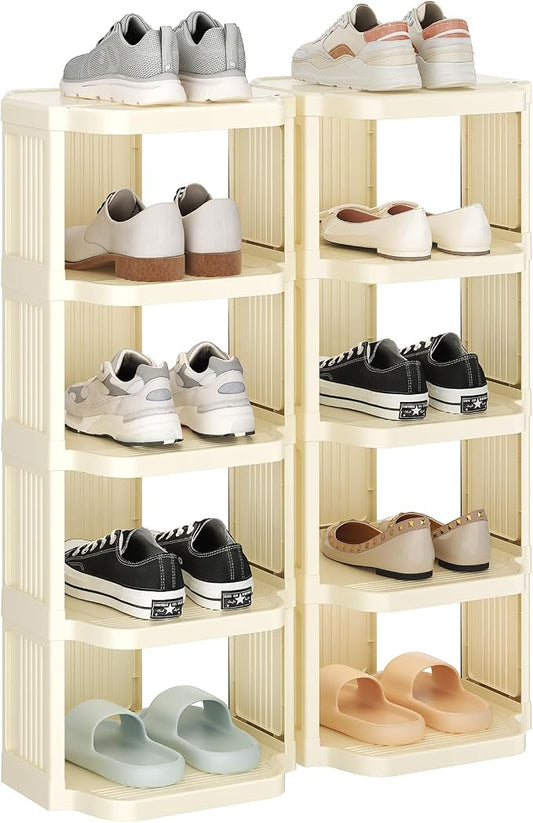 Kitstorack 10 Tiers Stackable Shoe Rack for Closet and Front Door Entrance - Free Standing Plastic Stand, Narrow Tall Vertical Organizer for Small Spaces Storage, White