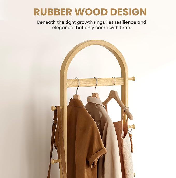 15.9" Narrow 3-in-1 Rolling Clothing Rack,Wooden Coat Rack with Wheels, 2 Shelves and 5 Hooks, Solid Rubber Wood Coat Rack with Shelves for Entryway, Bedroom, Living Room, Burlywood