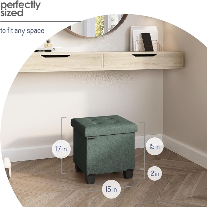 Storage Ottoman Cube with Small Bin, 15-in Square Ottoman with Storage for Living Room and Bedroom, Small Ottomans Foot Rest, Fabric Foot Stools Ottomans Max 330lbs, Green