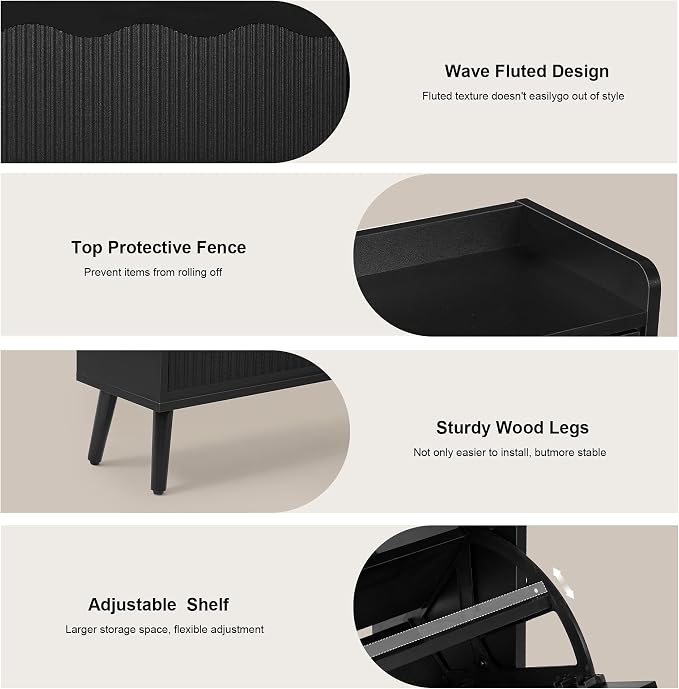 BERRYMERRY 31.5” Black Fluted Shoe Cabinet Storage with 2 Flip Drawers | narrow,entryway,adjustable feet,32 pairs shoe,shoe organize,hidden shoe rack,fluted panel,wave pattern,wood,space saving