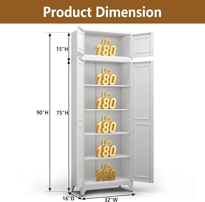 Polup 90" Pantry Cabinet, Tall Metal Storage Cabinet with Doors and Shelves | White Kitchen Cabinet, 5 Adjustable Shelving, Heavy-Duty, 2 Gold Handles, 4 Standing Feet, for Dining Room Garage & Laundry