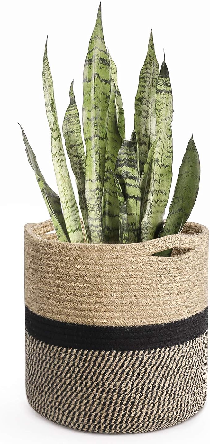 TIMEYARD Jute Rope Plant Basket, Planters for Indoor Plants, Black and Jute | 11" x 11" Storage Organizer Basket Rustic Home Decor, Wicker Planter, Woven Pot for Indoor Plants