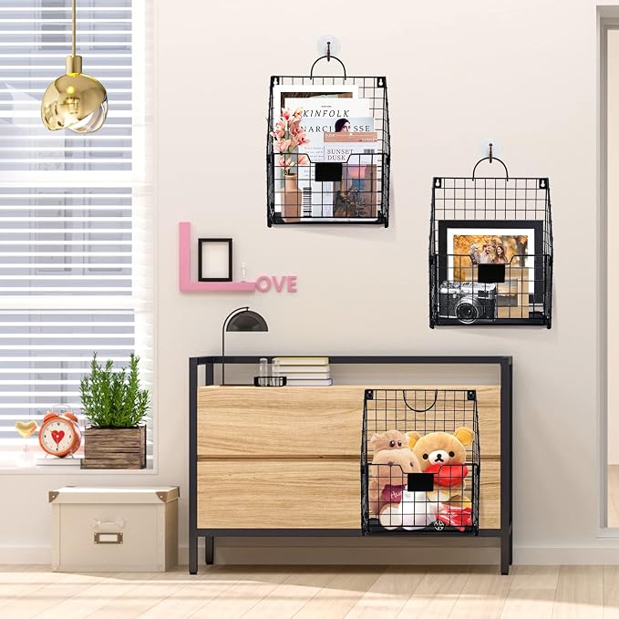 DILIBRA 4 Packs Hanging Wall File Organizer, Foldable Magazine File Holder | Wall Magazine Holder with Handle and Tag Slot, Metal Wall Mounted Mail Organizer Rack Folder Holder for Document Office Door