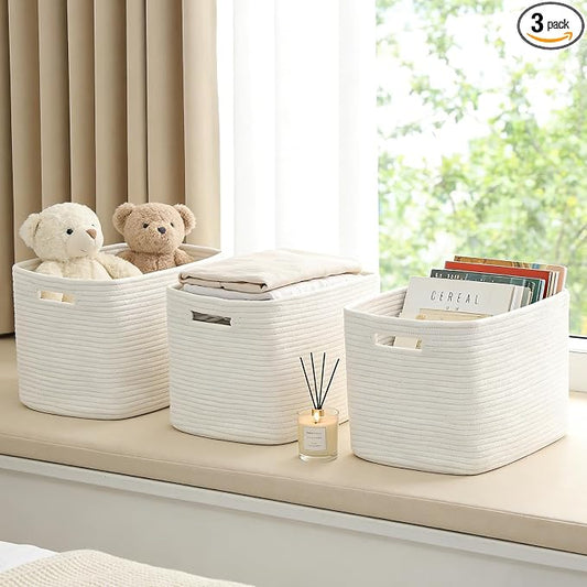3 Pack Woven Baskets,Storage Baskets for Shelves with Handles | 13.5"×11"×9.5",Closet Baskets,Gift Basket,Nursery Organizer for Toys Towels Books,Storage Bin for Living Room Bedroom-White