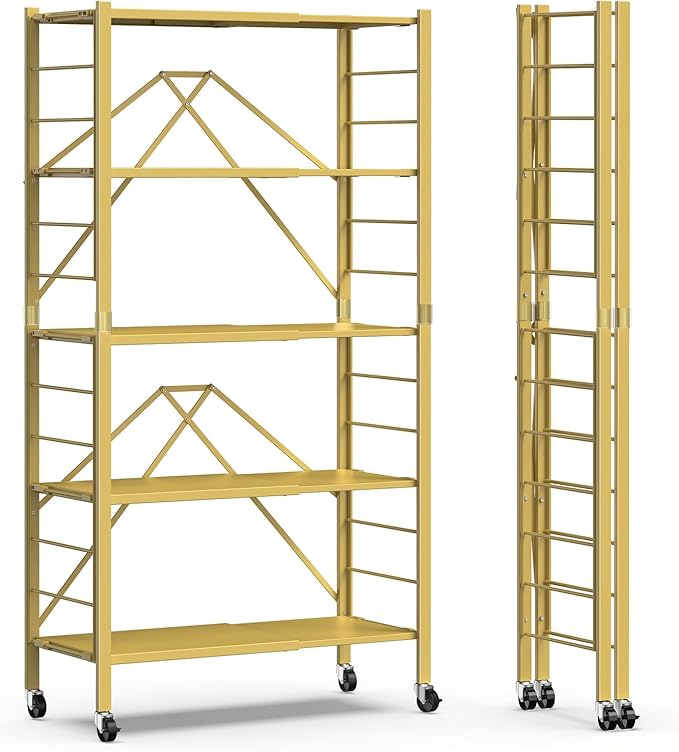 Himix 5-Tier Storage Shelf with Wheels Foldable Expandable Adjustable Gold