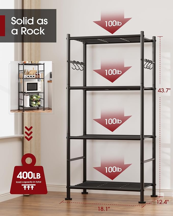 Sakugi Storage Shelves - 4-Tier Large Capacity Shelf Organizer with Hooks, Heavy-Duty Garage Shelving with Leveling Feet, Wobble-Free Rack for Bedroom, Balcony, Garage, 18.1"×12.4"×43.7", Black