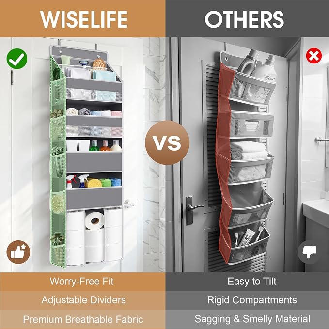 WISELIFE 5-Tier Over the Door Organizer for Nursery Hanging, Gray | Multi-Pocket Back of Door Baby Organizer for Diapers, Clothes & Nursery Essentials, Heavy-Duty Large Capacity, 50 Lb Capacity
