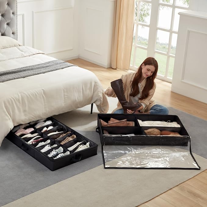 Lifewit Under Bed Shoe Storage Organizer 1 Pack(16 Shoes Cells+4 Boots Cells), 4.3 Inches Profile Fabric Shoes Container Box with Clear Cover, Foldable Storage Bag with 2 Handles, Fits 12 to 20 Pairs