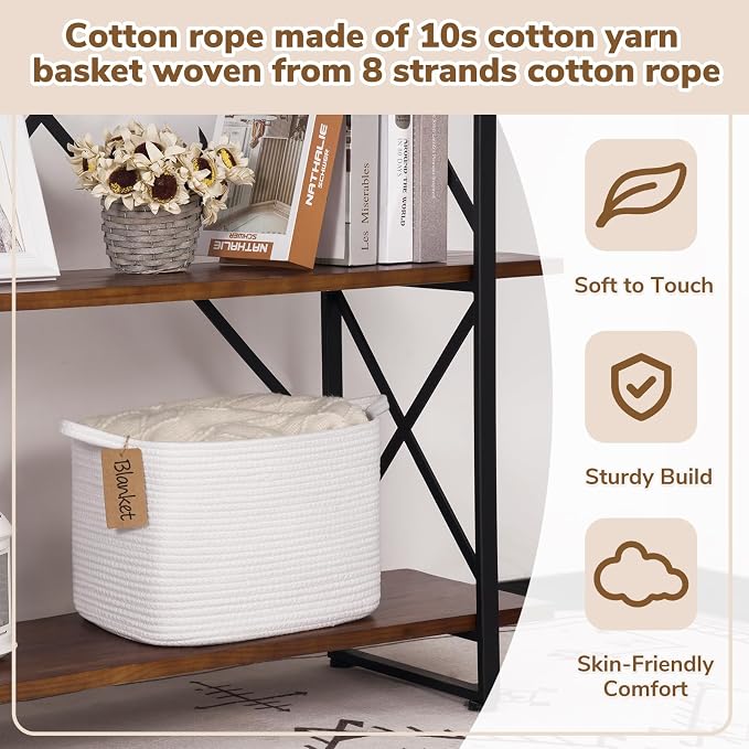 Goodpick Small Woven Rope Storage Basket for Shelves, White | 13 × 10 × 9 in, Rectangle, Handles, Shelf & Nursery Organization, Toys, Books, Towels & Daily Essentials Storage