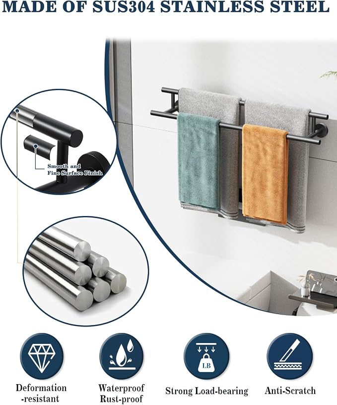 Alise Double Towel Bar Black,24" Towel Racks for Bathroom Wall Mounted | Bathroom Towel Rack SUS304 Stainless Steel Bathroom Towel Holder Quick Drying Hand Towel Holder Towel Bar for Walls