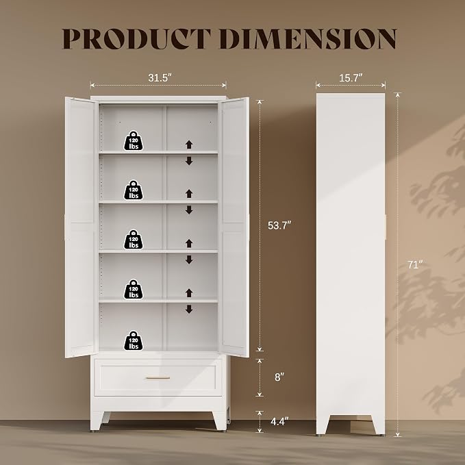 71“H Kitchen Pantry Cabinet with Drawers,Tall Kitchen Pantry Cabinets,Metal Food Storage Cabinets, White Pantry Cabinet with 4 Doors, Large Freestanding Cabinets for Dining Room, Living Room