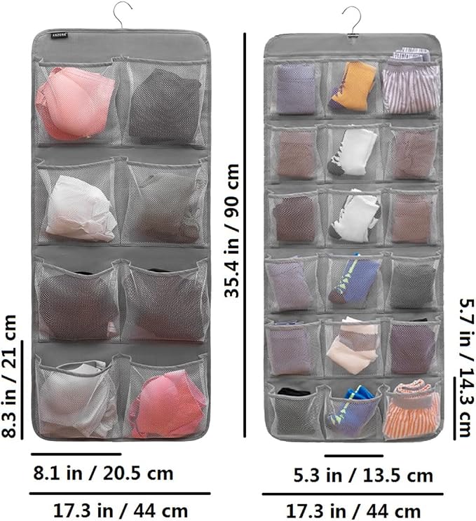 Dual-Sided Hanging Closet Organizer for Socks Underwear Bra Kids Storage Organizer for Baby Clothes Toddler Shoes with 26 Pockets (Grey-Mesh Pockets)