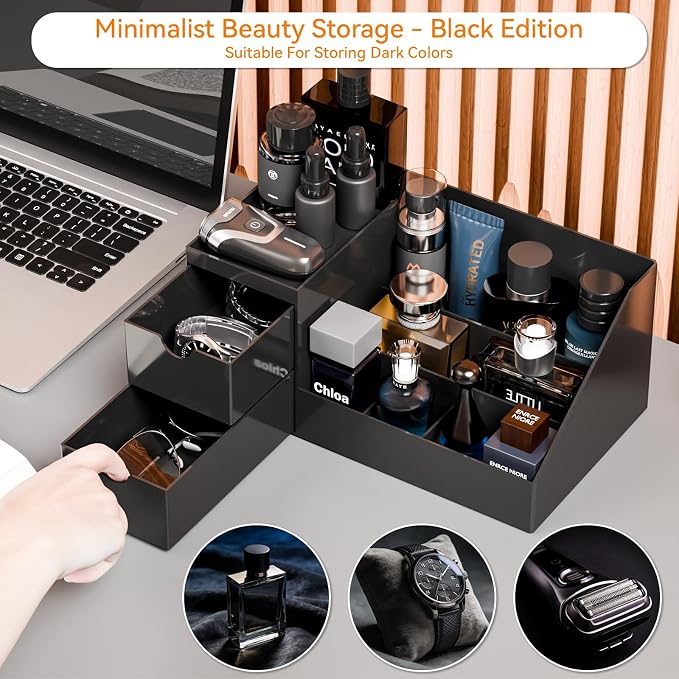 Makeup Organizer with 2 Drawer,Black Cologne Organizer for Men,Cologne Stand and Rack,Skin Care,Perfume Organizer Holder and Fragrance Shelf for Vanity,Bathroom Countertop and Dresser Top,1PCS