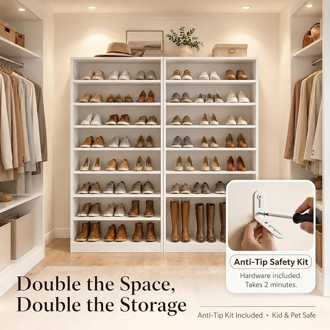 9-Tier Tall Shoe Rack Cabinet for Closet & Entryway, White | Wooden Narrow Shoe Organizer Cabinet with Adjustable Shelves, Freestanding, for Bedroom, Hallway