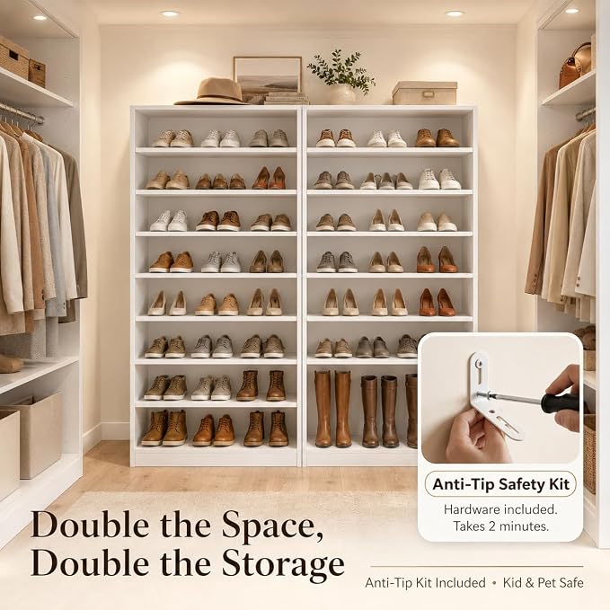 Tall Shoe Rack Cabinet for Closet & Entryway, 2 Pack, White | Wooden Narrow Shoe Organizer Cabinet with Adjustable Shelves, Freestanding, for Bedroom, Hallway