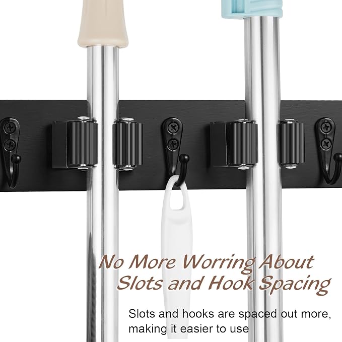 OUTNILI 2 Pack Black Mop Broom Holder Wall Mount - Wood Broom Mop Hanger - Wall Mounted Garden Tool Rack Organizer for Closet Garage Laundry Room, 4 Slots & 4 Hooks