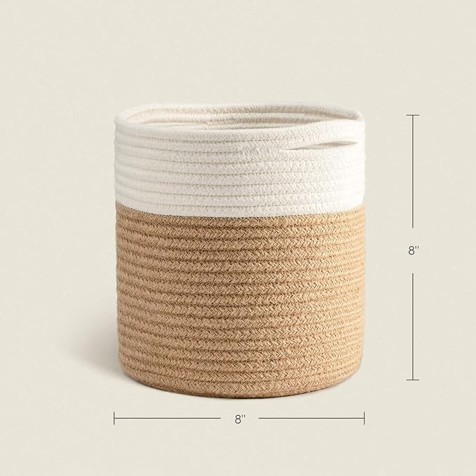 TIMEYARD Rope Plant Basket, Planter for Indoor Plants, Jute Mixed White | 8" x 8" Storage Organizer Basket Rustic Home Decor, Rope Planter, Woven Pot for Indoor Plants