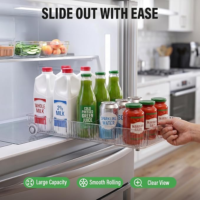 Fridge Organizer Bins with Wheels, Pull Out Fridge Organizer, Adjustable Dividers and Easy Pull Handles, Clear Plastic, 2-Pack, Suitable for Kitchen, Pantry and Cabinet Deep Shelves