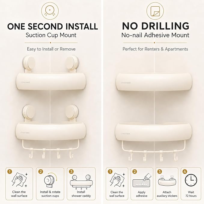 Corner Shower Caddy Suction Cup, Removable Shower Organizer Shelf | 2 Pack, Rustproof Aluminum, Includes Hooks&Hanging Bar, 2 Installation Ways, Wall-Mounted Bathroom Organizer Storage Shelves