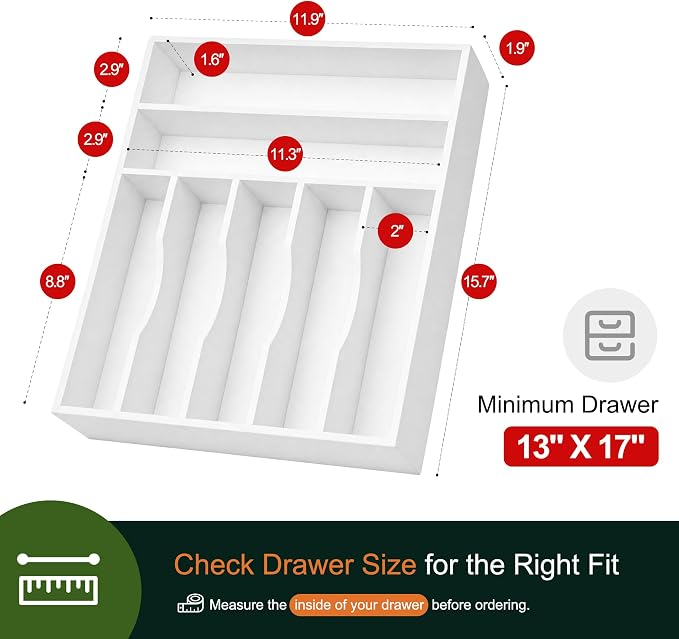 Kitchen Bamboo Silverware Organizer, Kitchen Drawer Organizer - Utensil Holder and Cutlery Tray with Grooved Drawer Dividers for Flatware 7 Slot, White